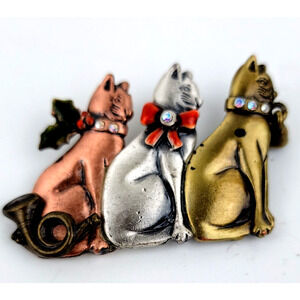 KC Holiday Cat Brooch Copper Silver Gold Tone 3 Kitties Rhinestone Christmas